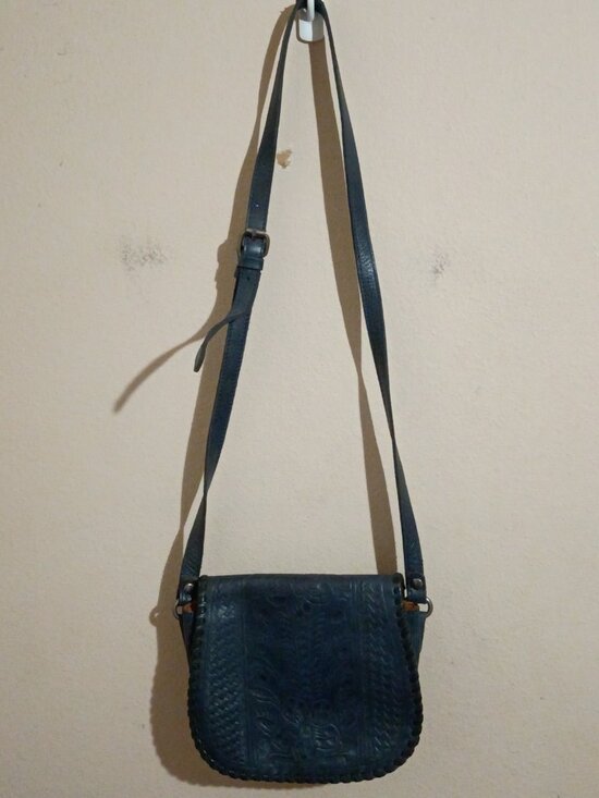 Patricia Nash Handbags - Patricia Nash Leather Saddle Bag Tooled Crossbody Purse Navy-Blue Floral